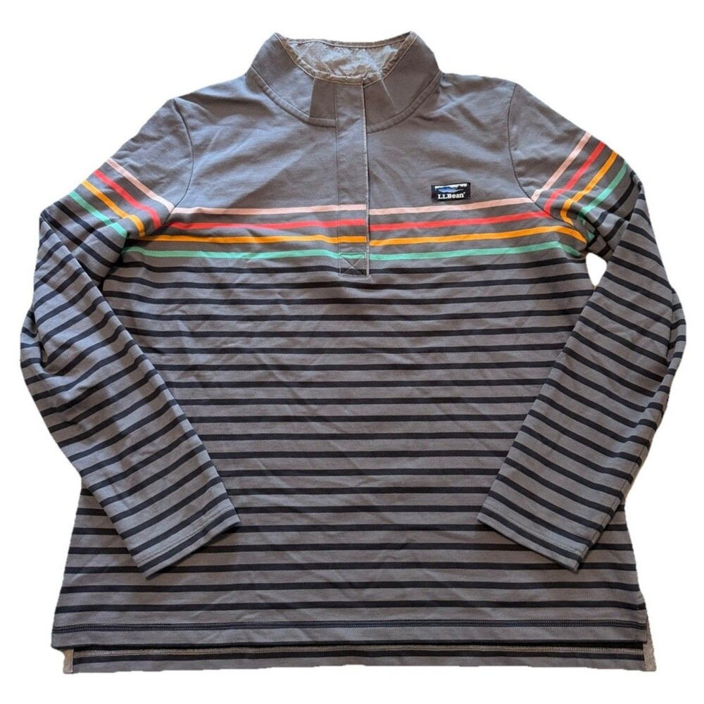 LL Bean Rugby Shirt Womens L Henley Striped Terry Knit Polo Pullover 501241